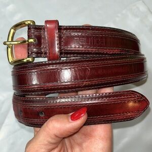 Nautica BROWN LEATHER belt TOP GRAIN 93019,36-40”BRASS BUCKLE embroidery size 38